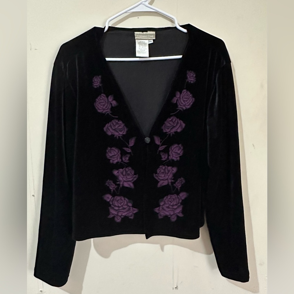 Coldwater Creek PXL Black Velvet Embroidered Floral Cropped V Neck Dress Jacket
